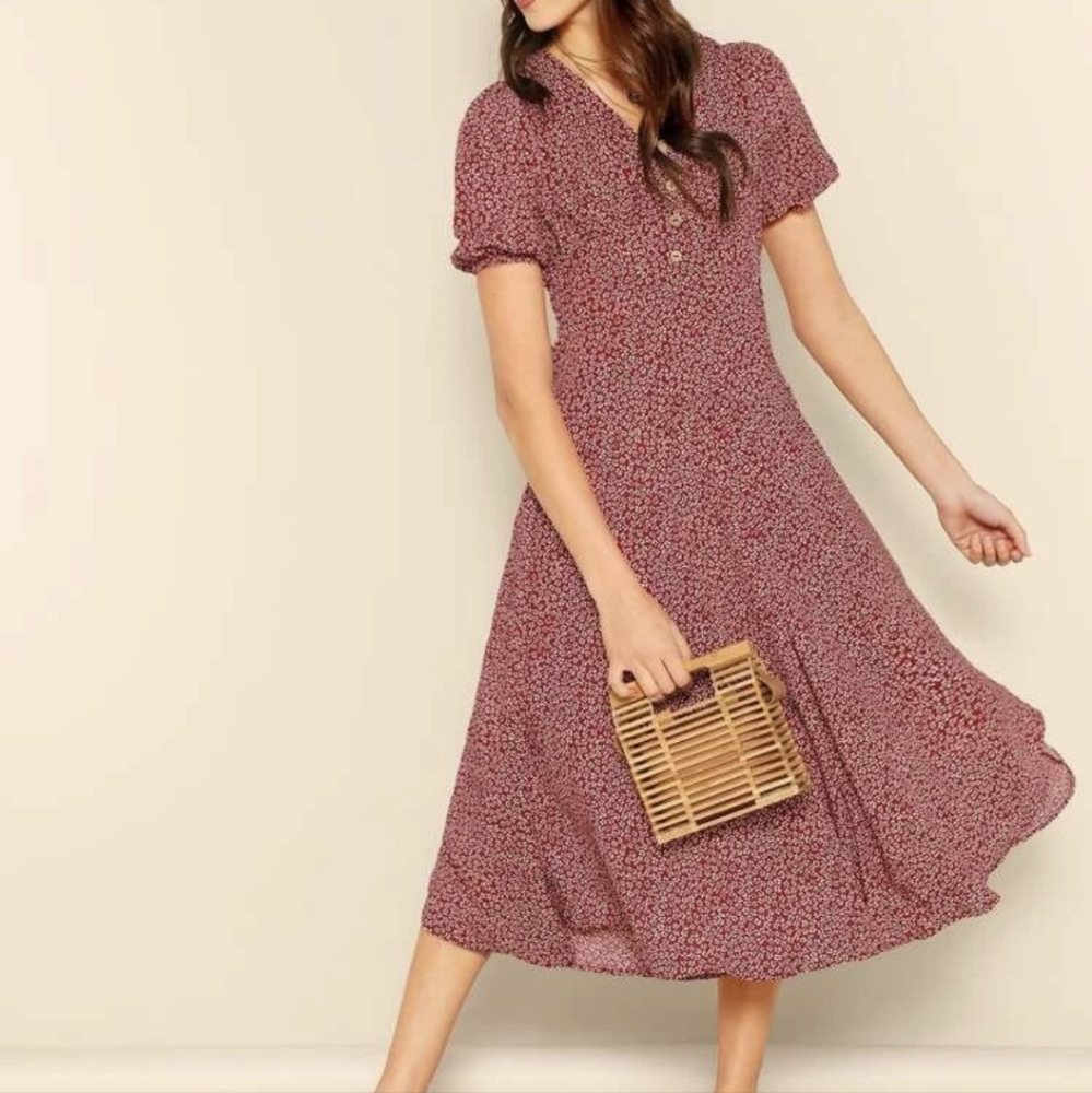 Red , flowery, swing dress